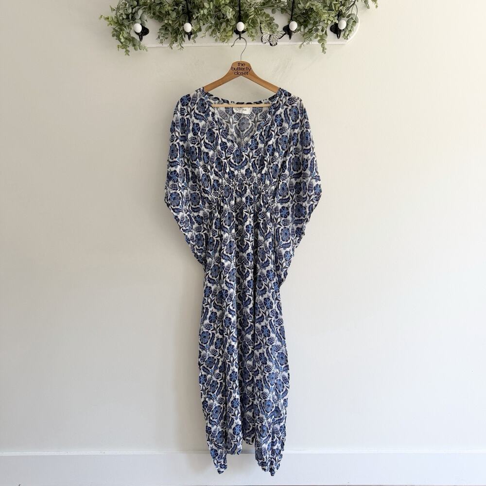 Anthropologie X Rujuta Sheth Marie Cinched Kaftan Dress Blue Floral S/M CP